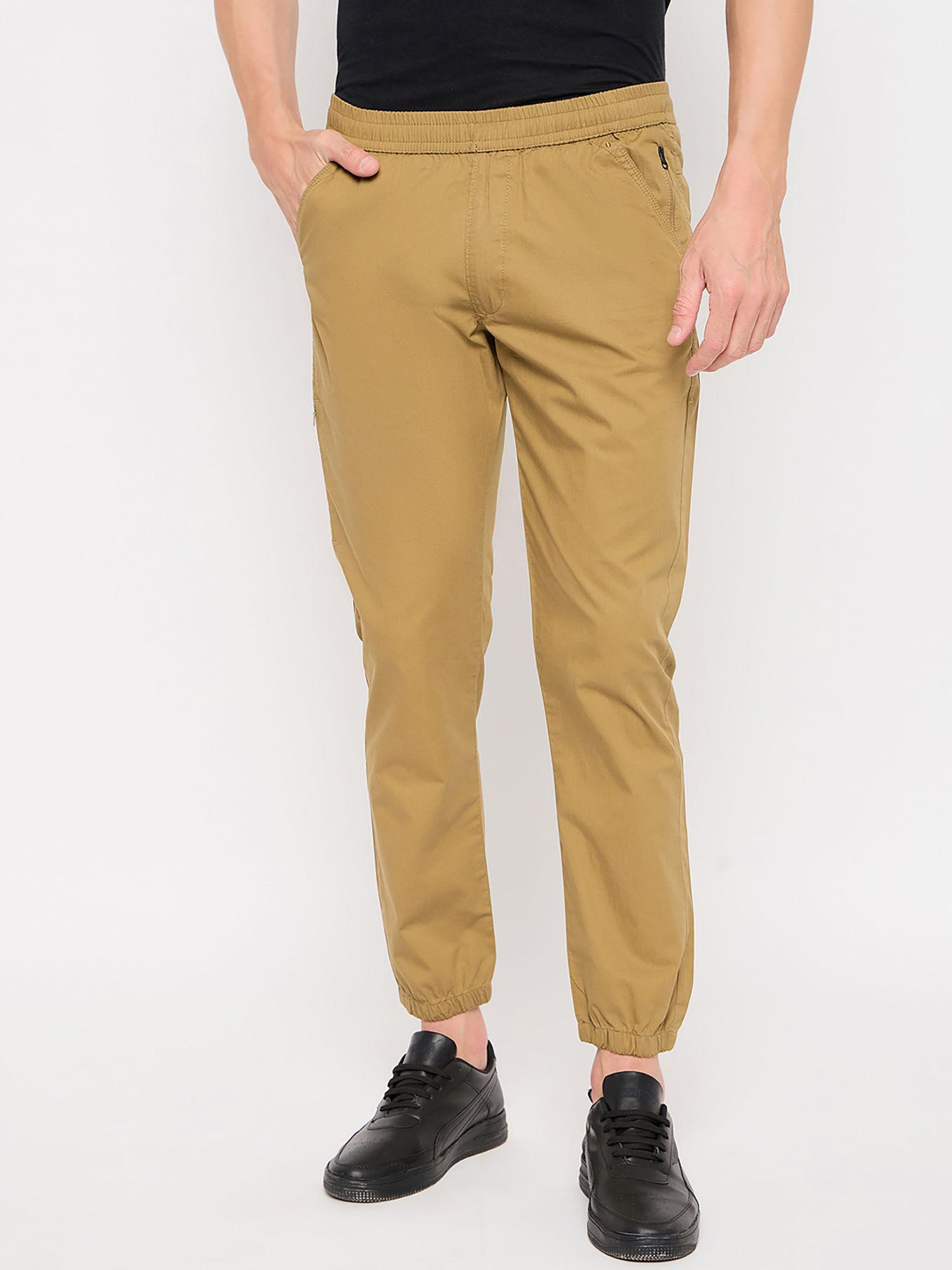 men mid waist cotton solid brown joggers