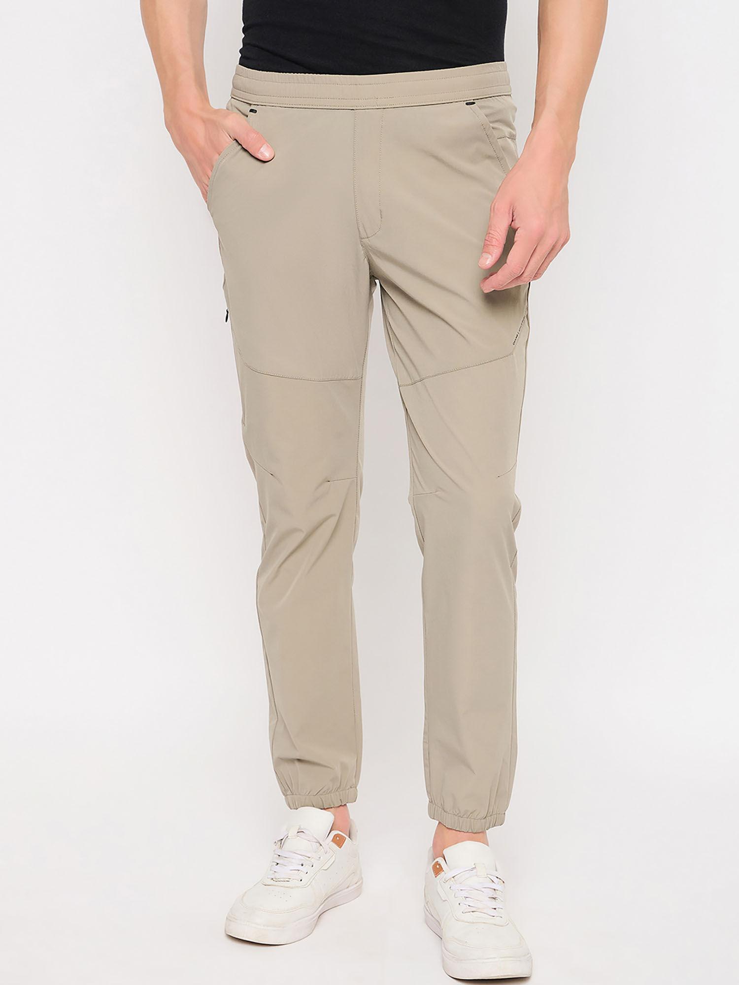 men mid waist polyester solid beige joggers