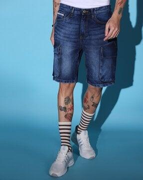 men mid-wash relaxed fit denim cargo shorts
