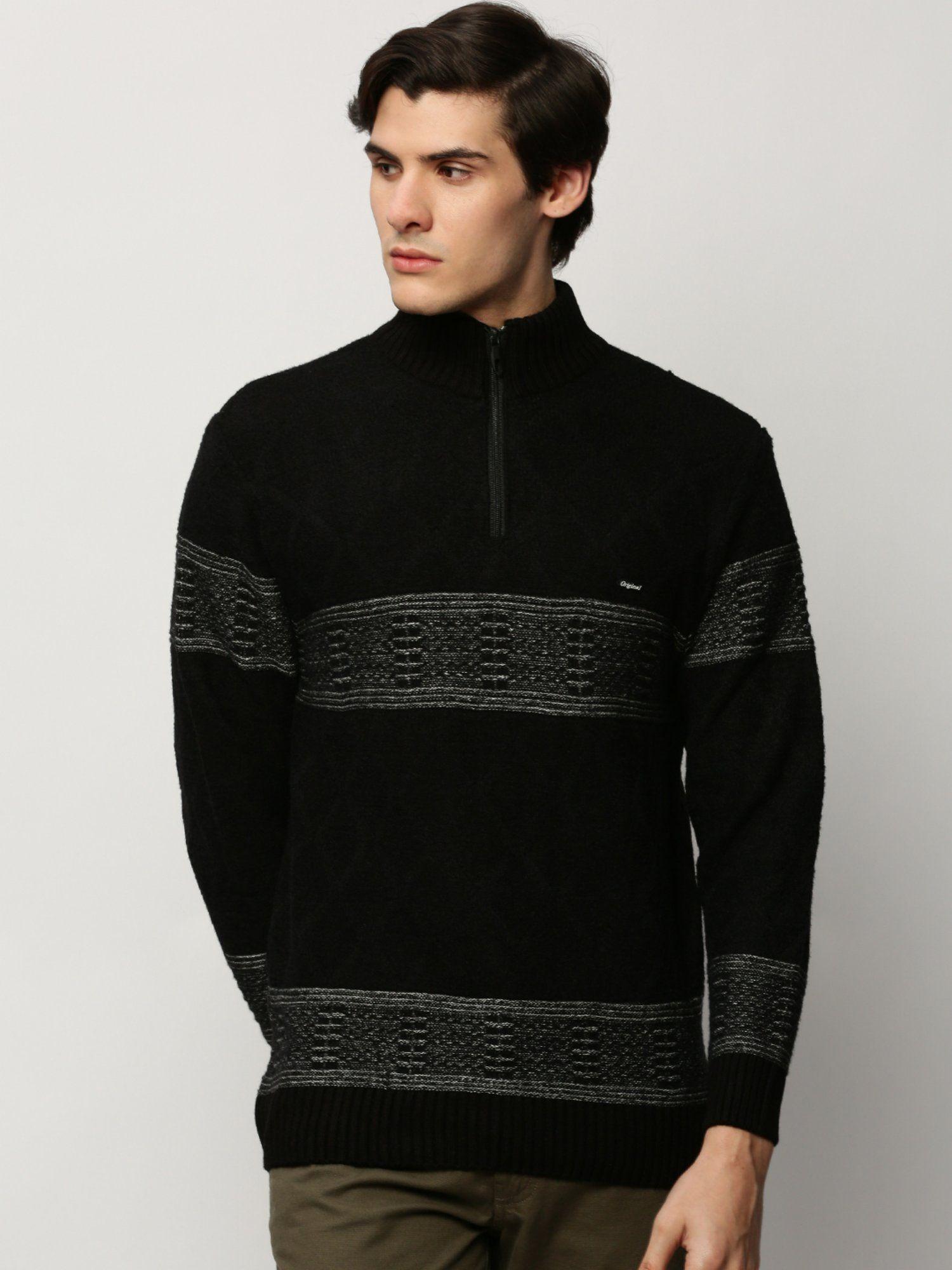 men mock collar ethnic motifs black long sleeves sweater
