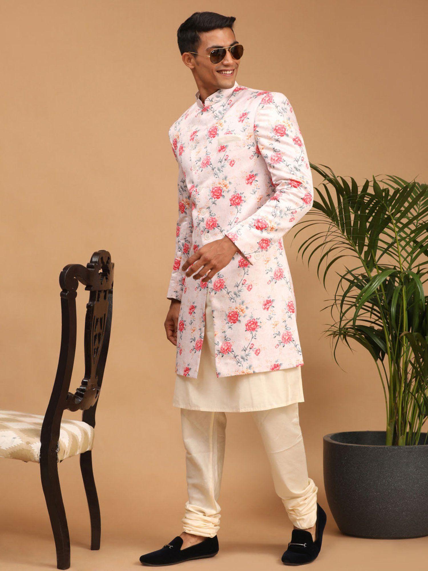 men multicolour base pink silk blend sherwani (set of 3)