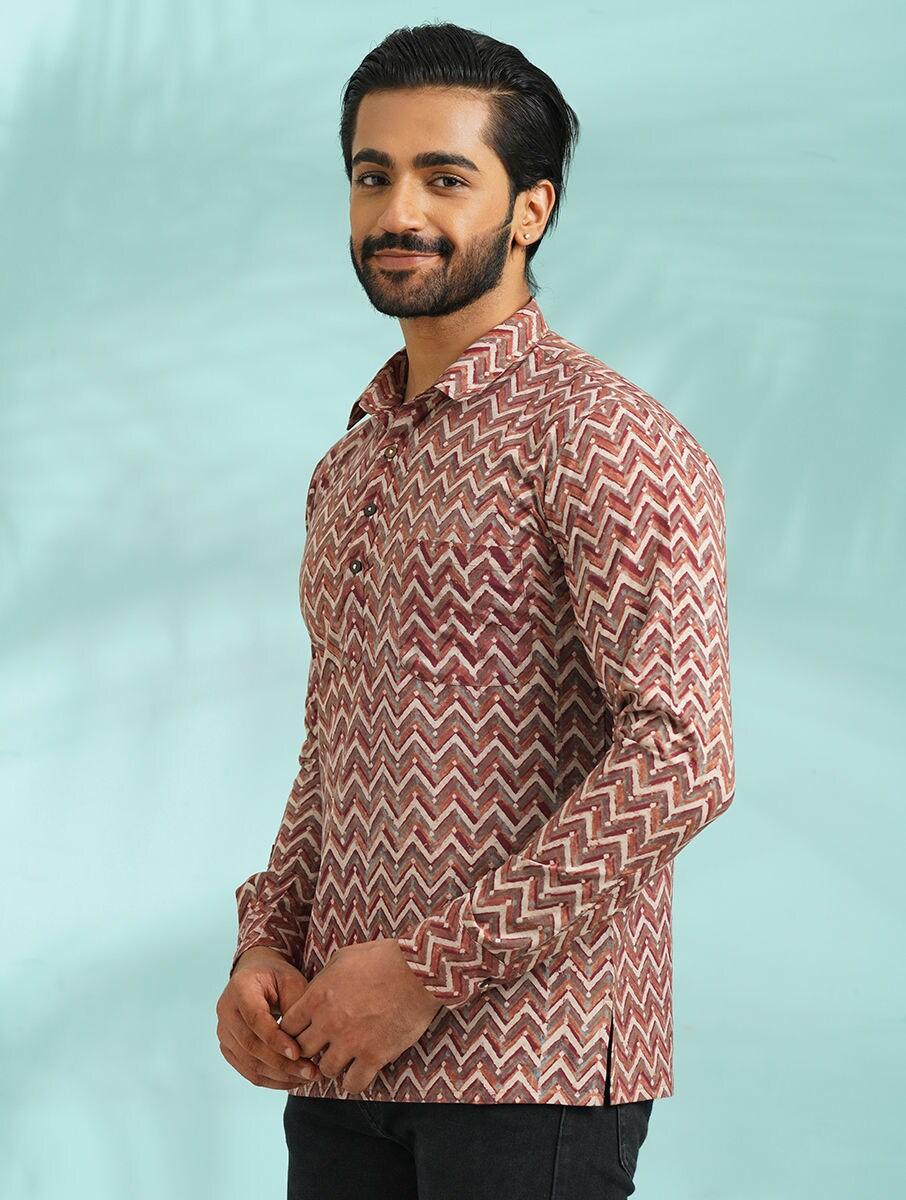 men multicolour cotton abstract shirt collar regular fit kurta