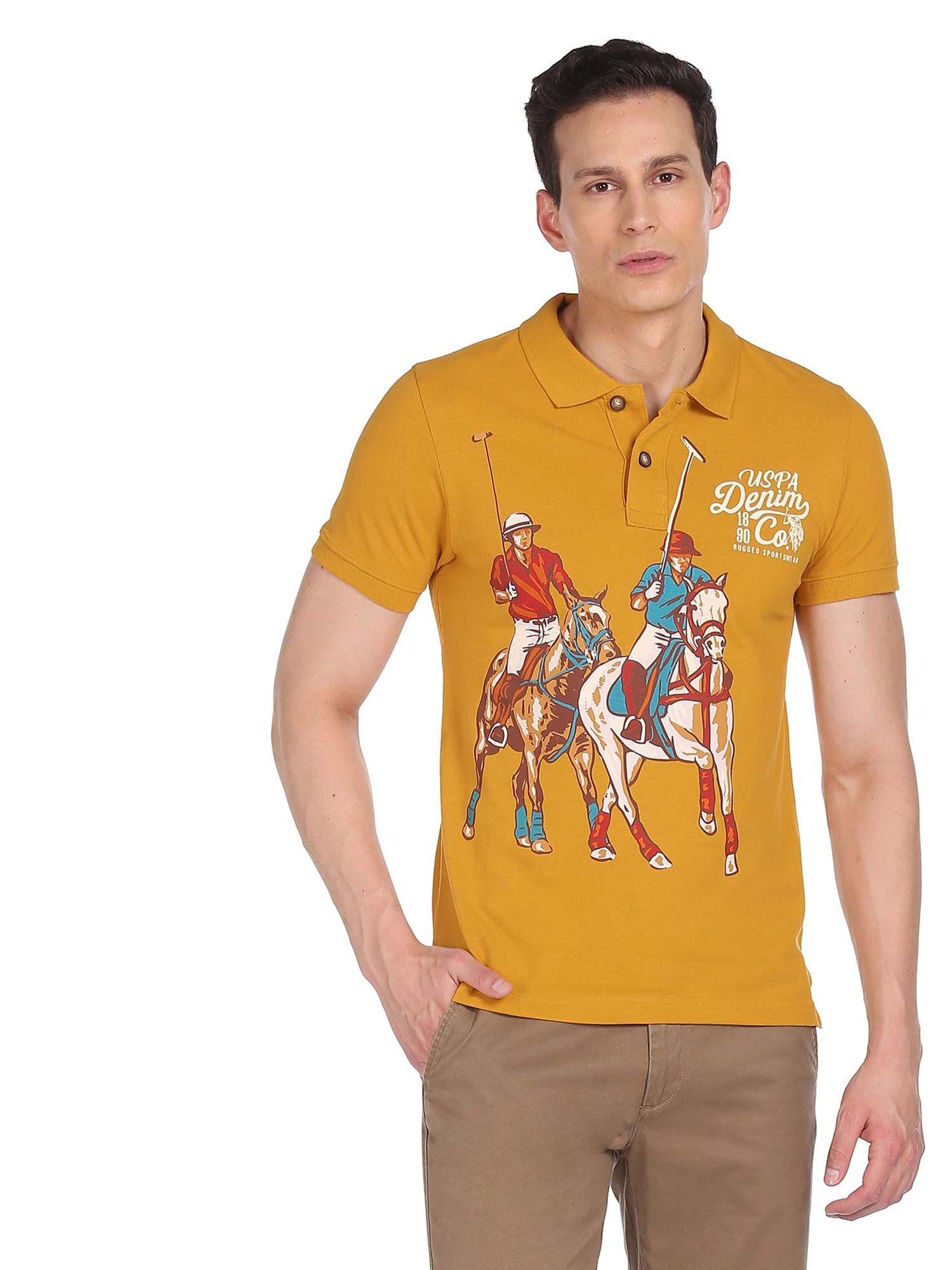 men mustard brand print ribbed collar polo t-shirt