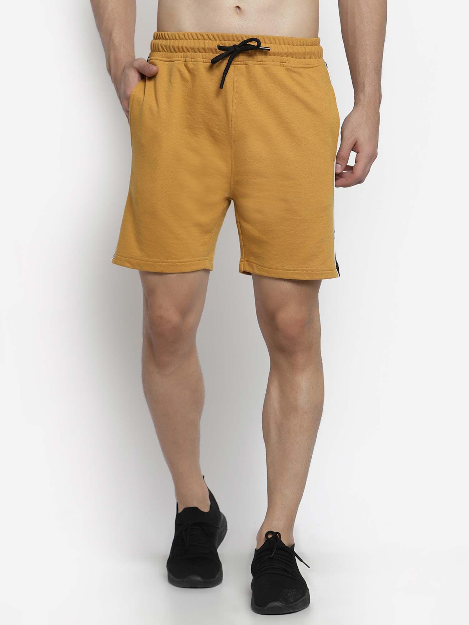 men mustard cotton solid shorts