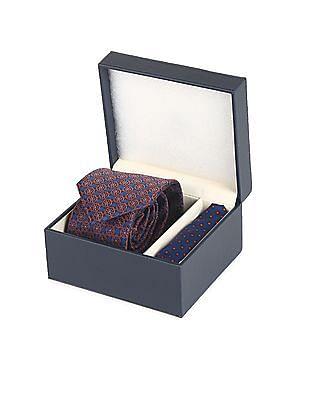 men navy and orange patterned tie and pocket square set