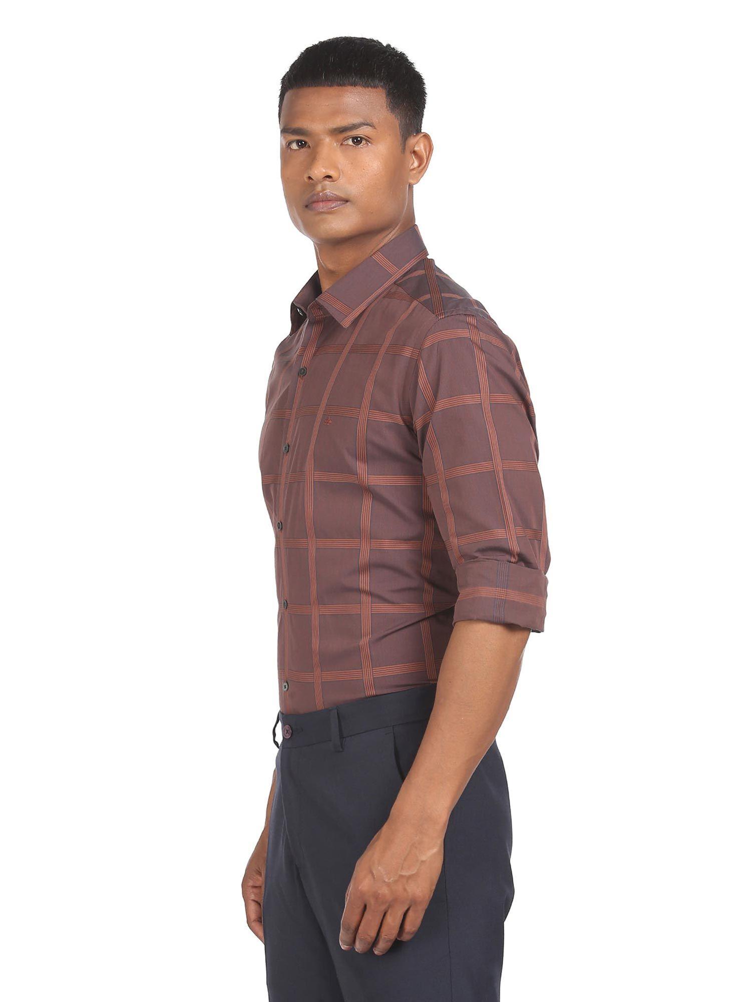 men navy and rust slim fit check formal shirt