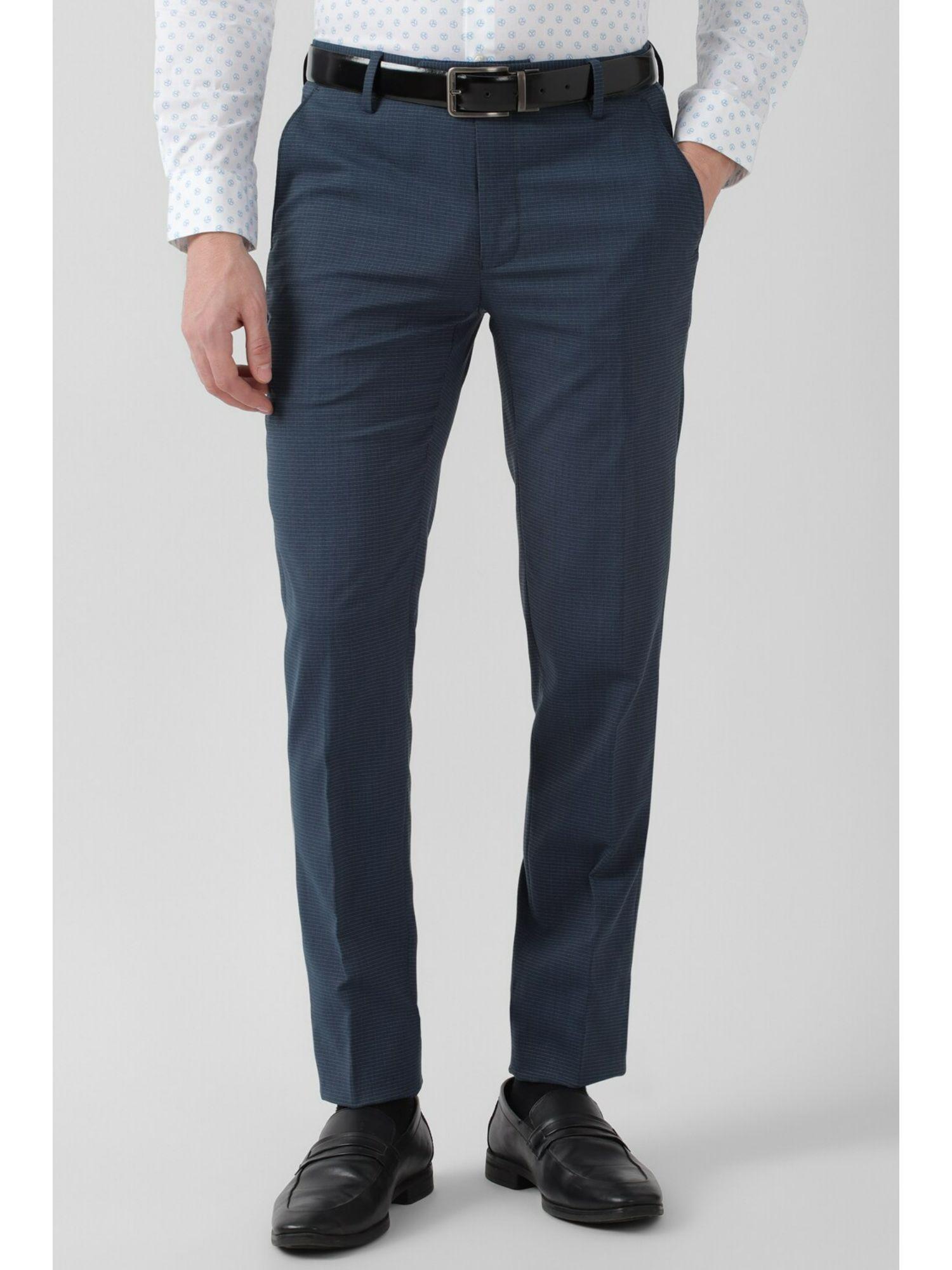 men navy blue checks slim fit formal trousers