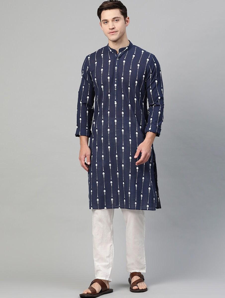 men navy blue cotton printed mandarin collar regular fit kurta
