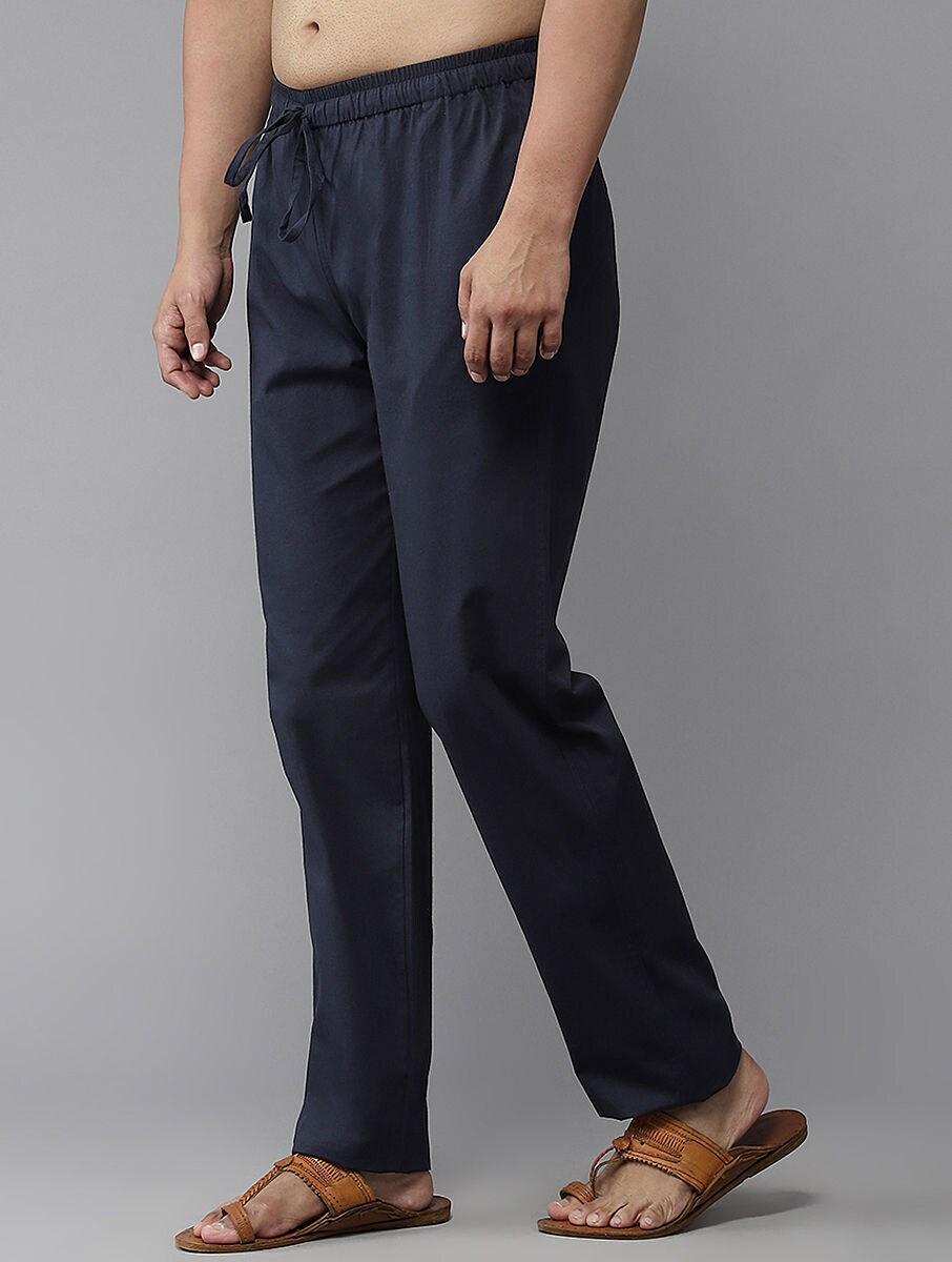 men navy blue cotton solid ankle length straight fit pants