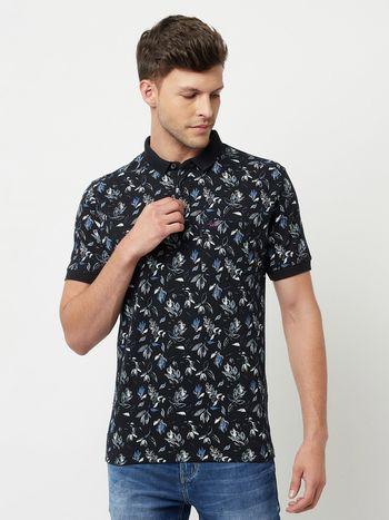 men navy blue floral printed polo t-shirt