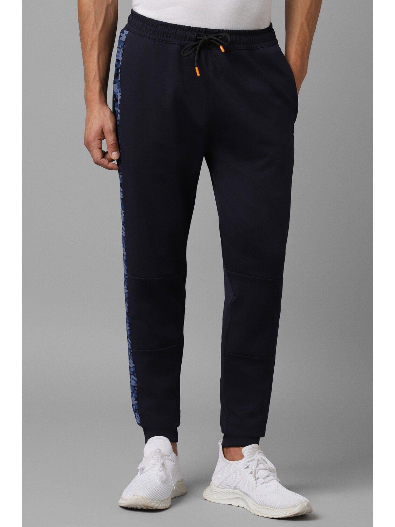 men navy blue print casual joggers pants