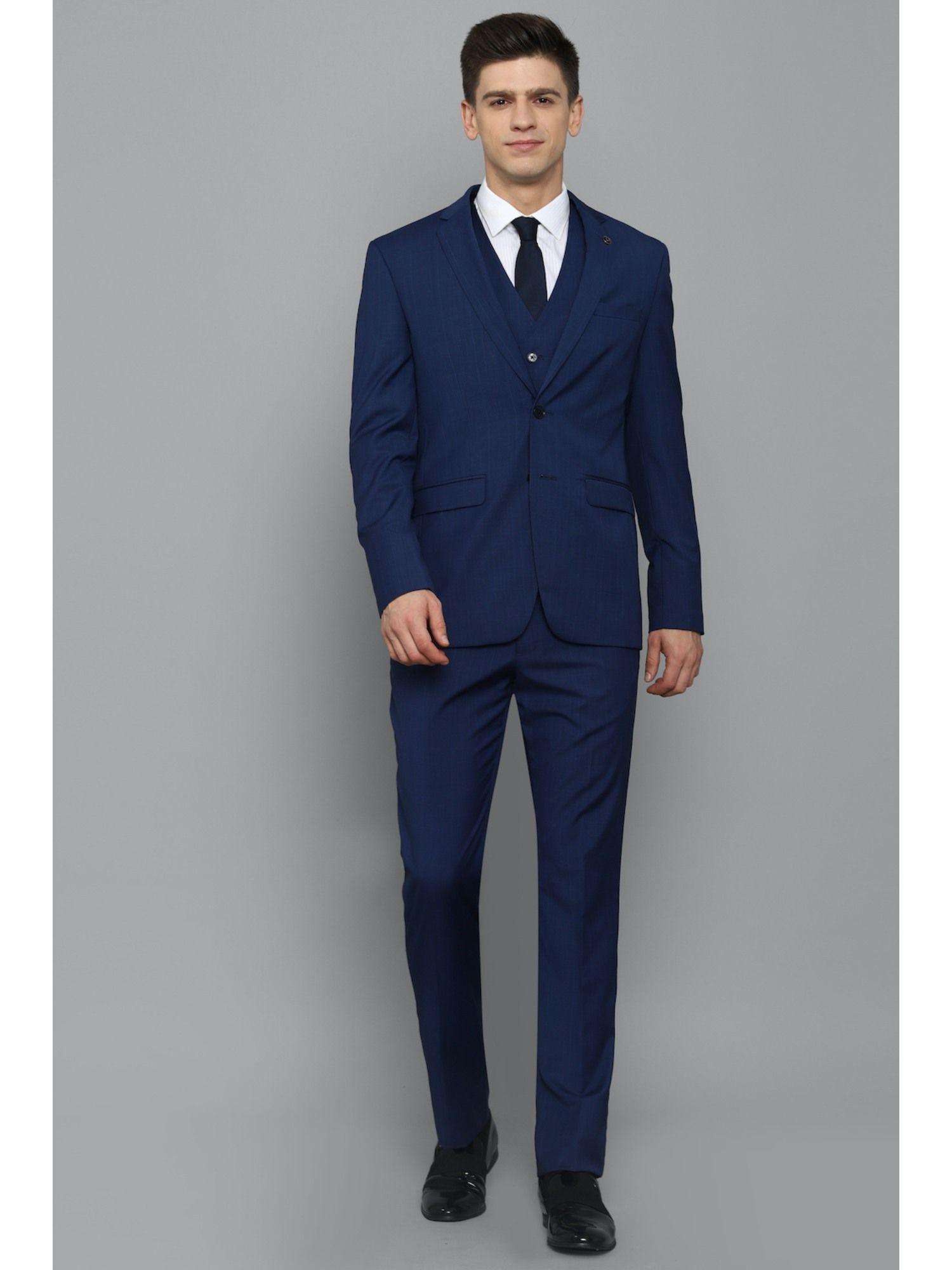 men navy blue slim fit check formal three piece suit (set of 3)