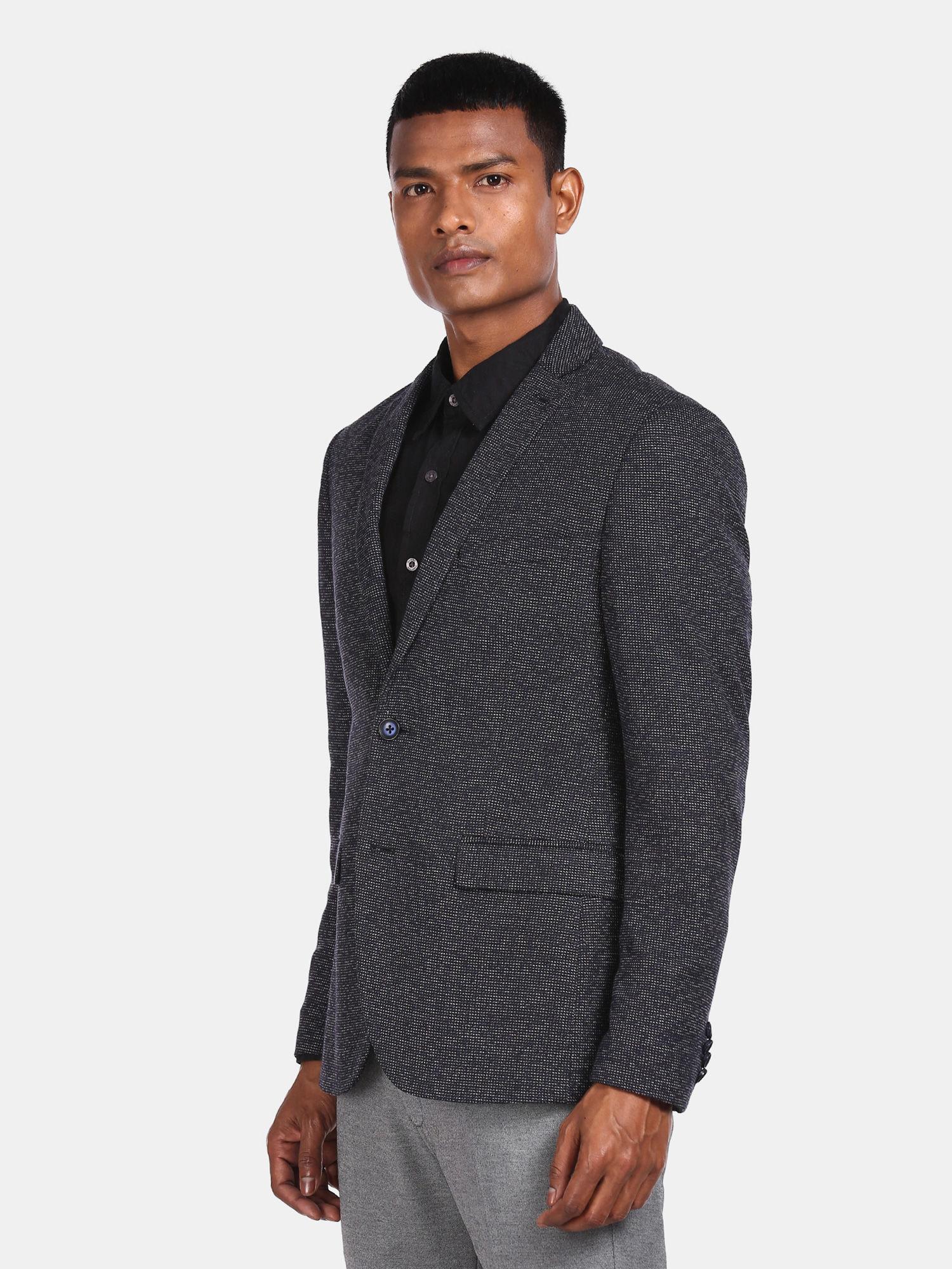 men navy blue slim fit patterned casual blazer