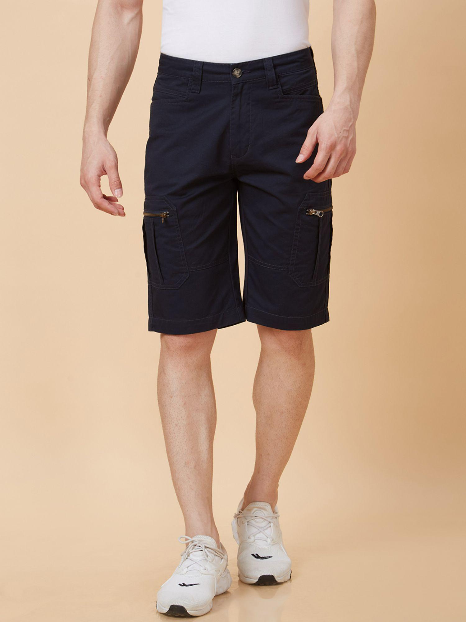 men navy blue solid regular fit shorts