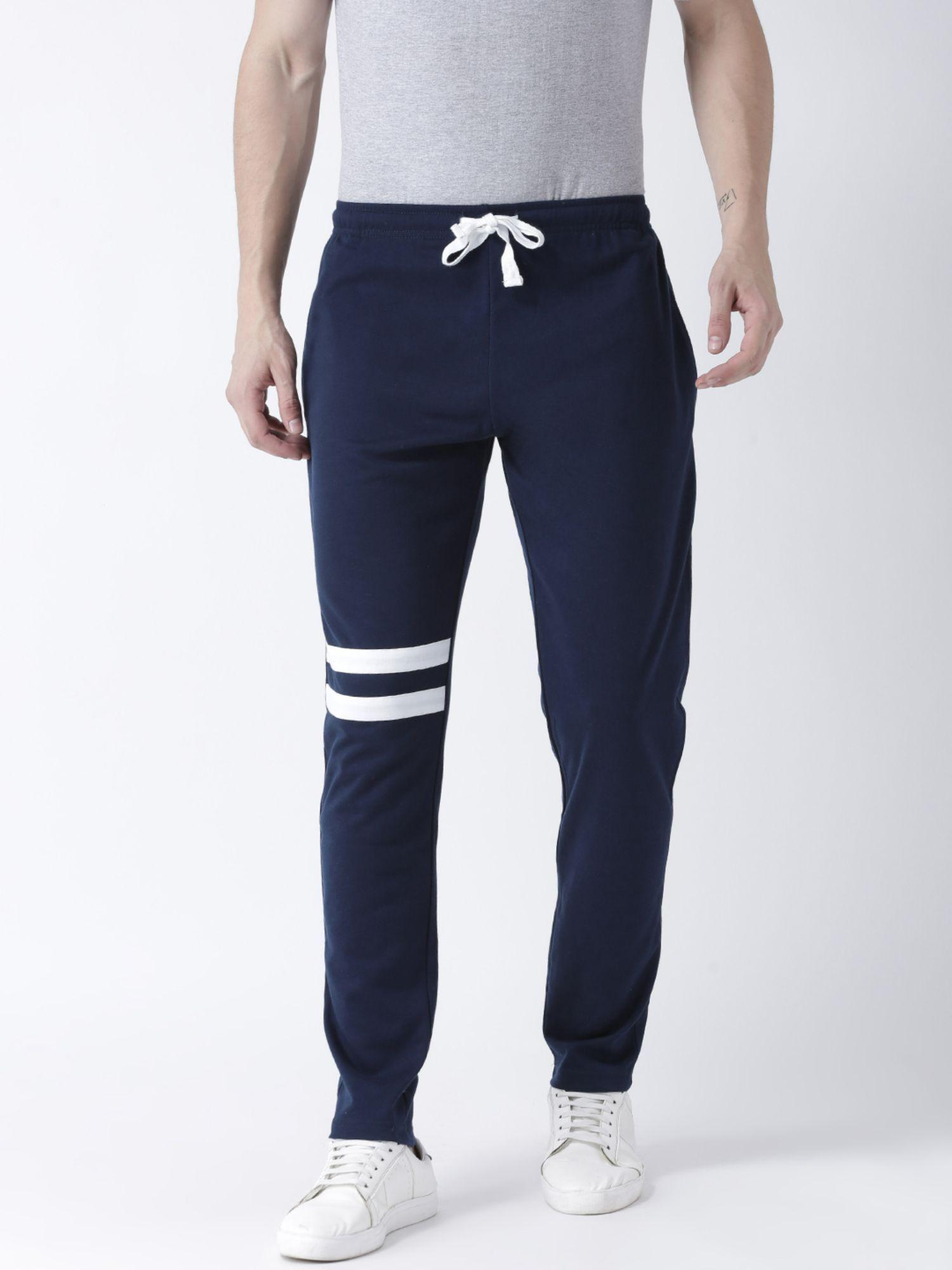 men navy blue solid track pant has contrast boons
