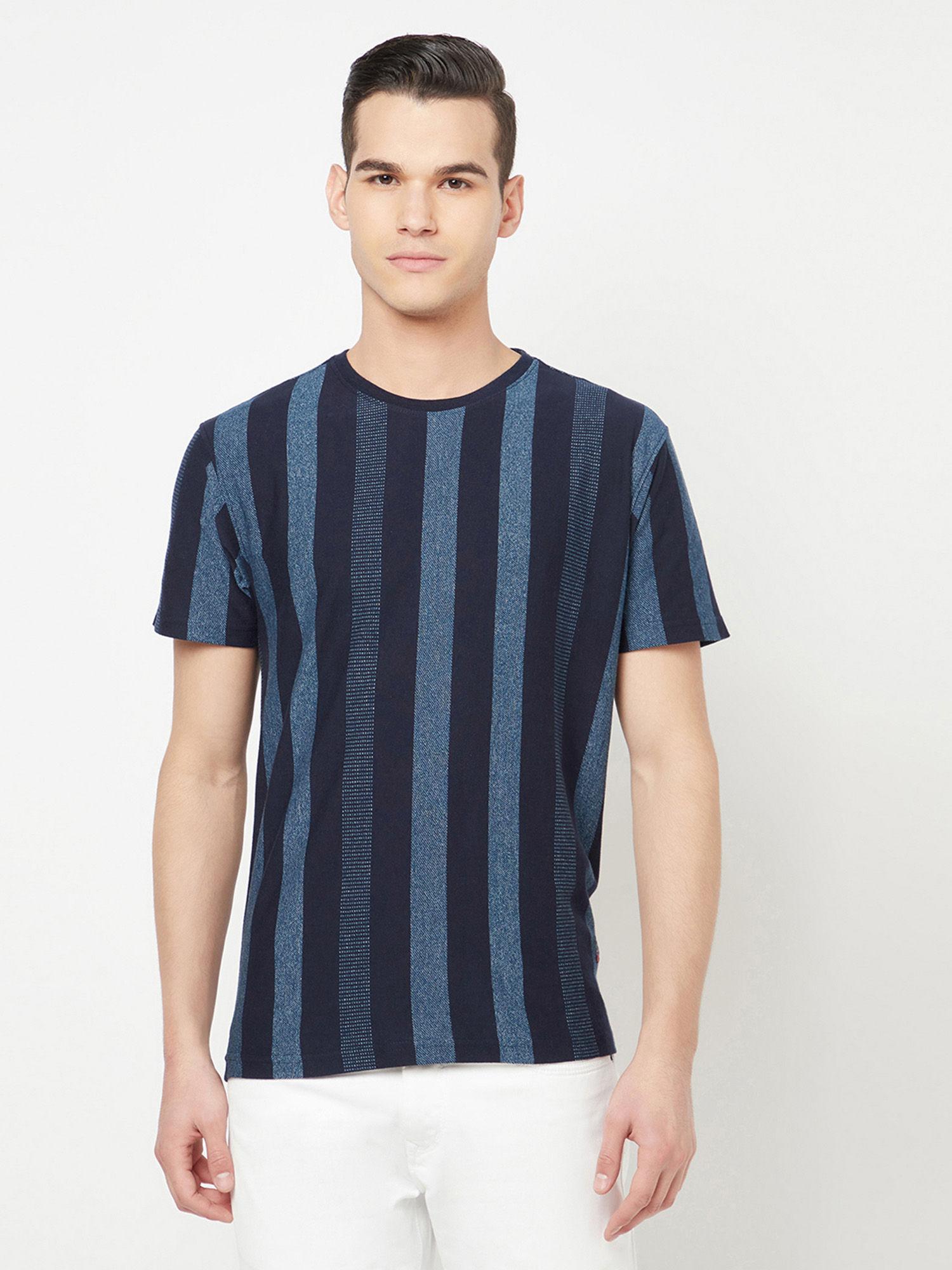 men navy blue striped round neck t-shirt