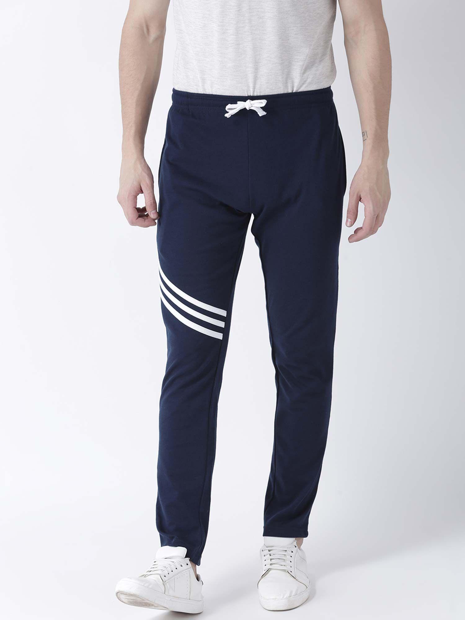 men navy blue stripes cotton track pants