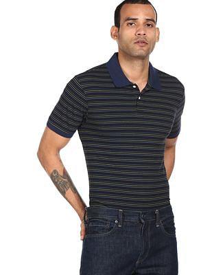 men navy cotton striped polo shirt