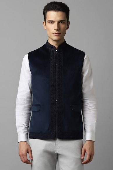 men-navy-embroidered-slim-fit-party-nehru-jacket