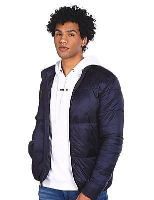 men navy high neck solid quilted jacket