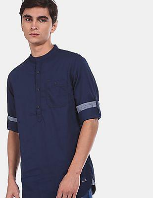 men navy mandarin collar solid casual shirt