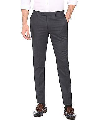 men navy mid rise woven check formal trousers
