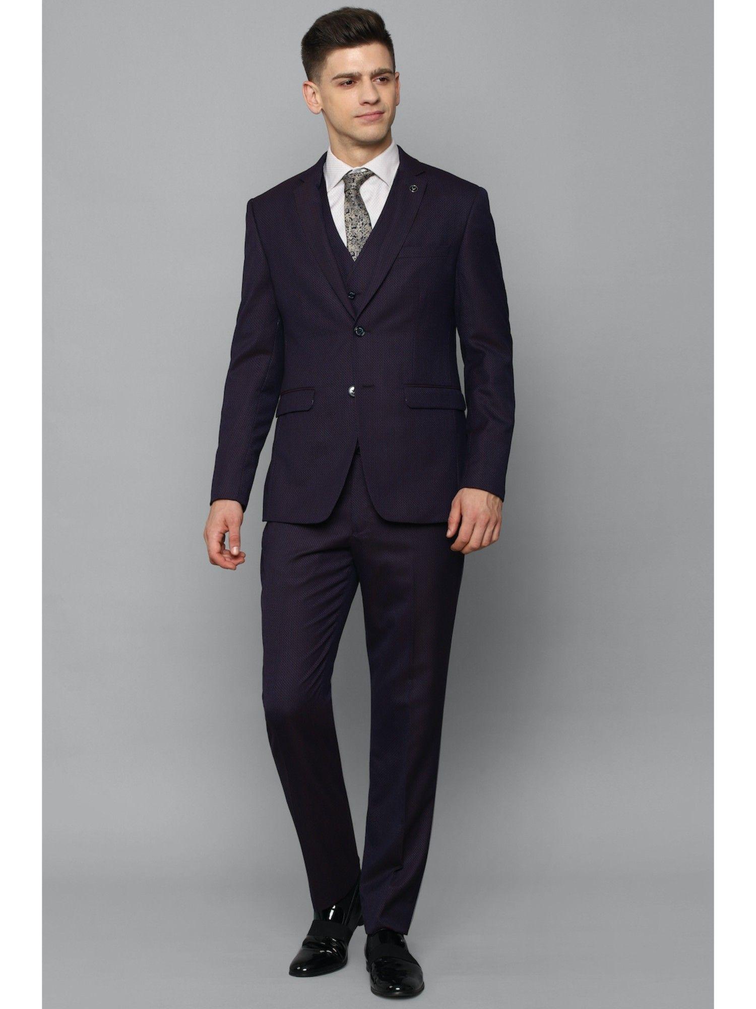 men navy slim fit textured formal suit (set of 3)