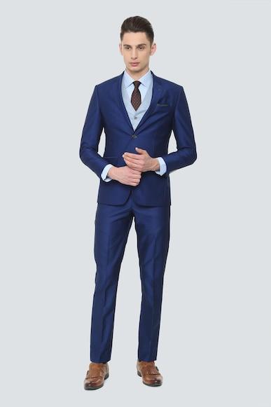 men navy slim fit textured formal three piece suit