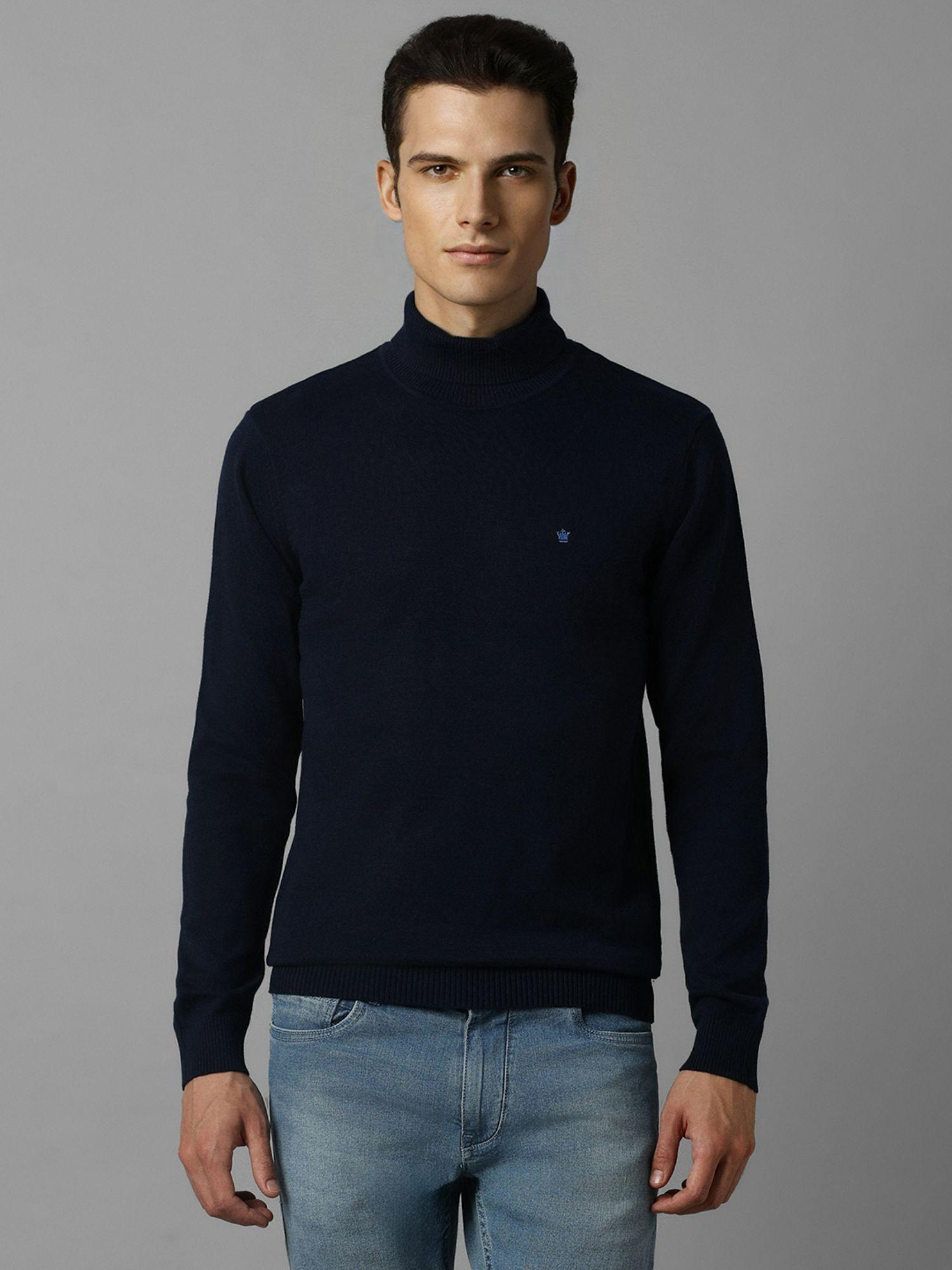 men navy solid turtle neck full sleeves sweater