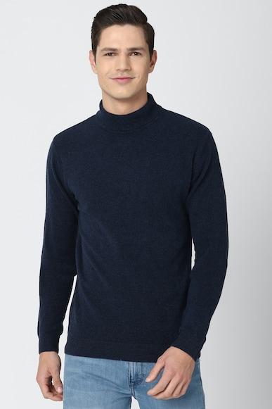 men navy textured stylized neck sweater