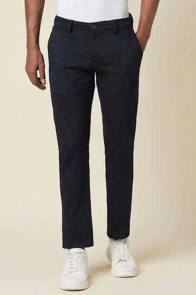men navy ultra slim fit solid casual trousers