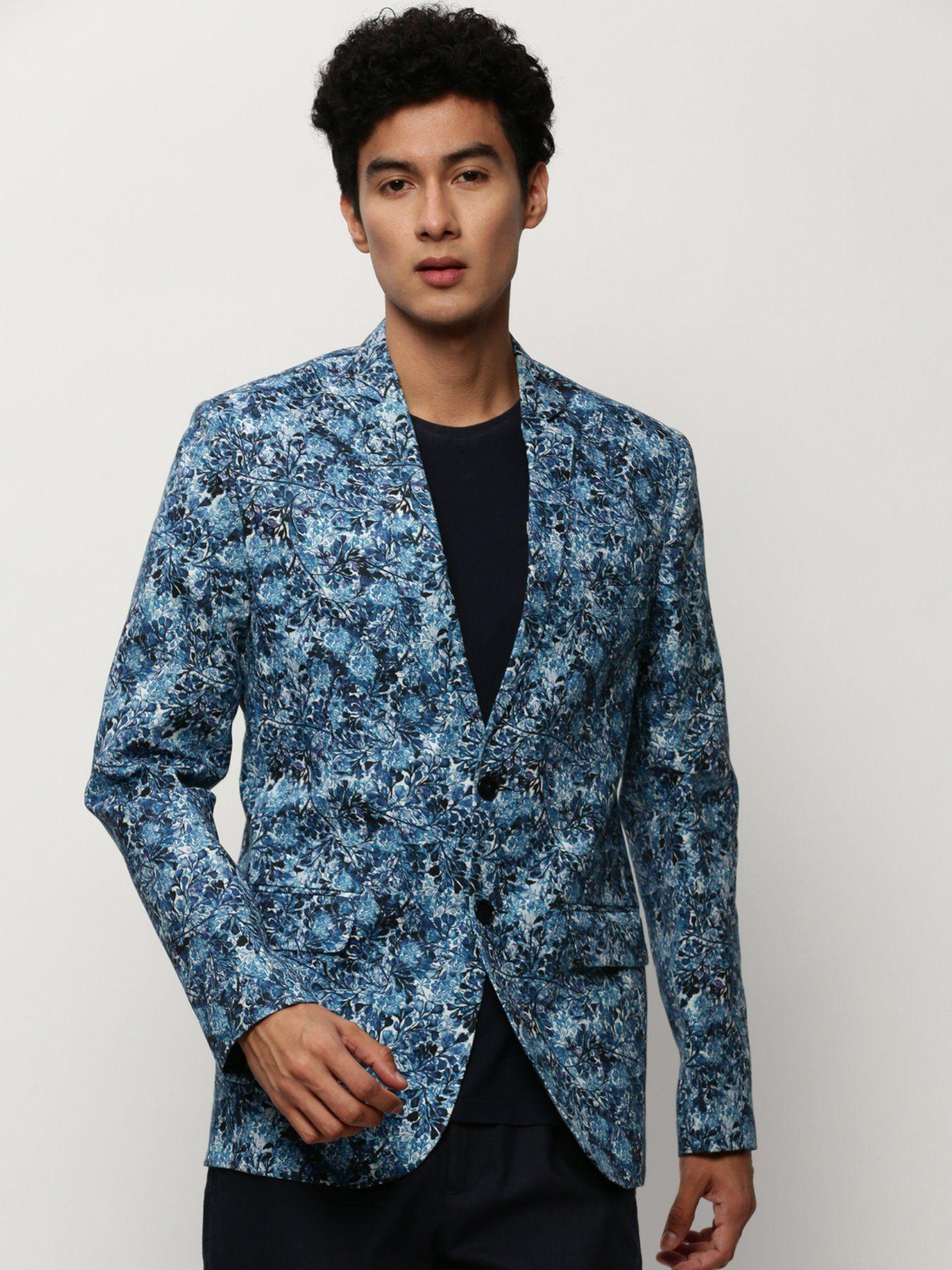 men notched lapel floral printed blue single breasted blazer