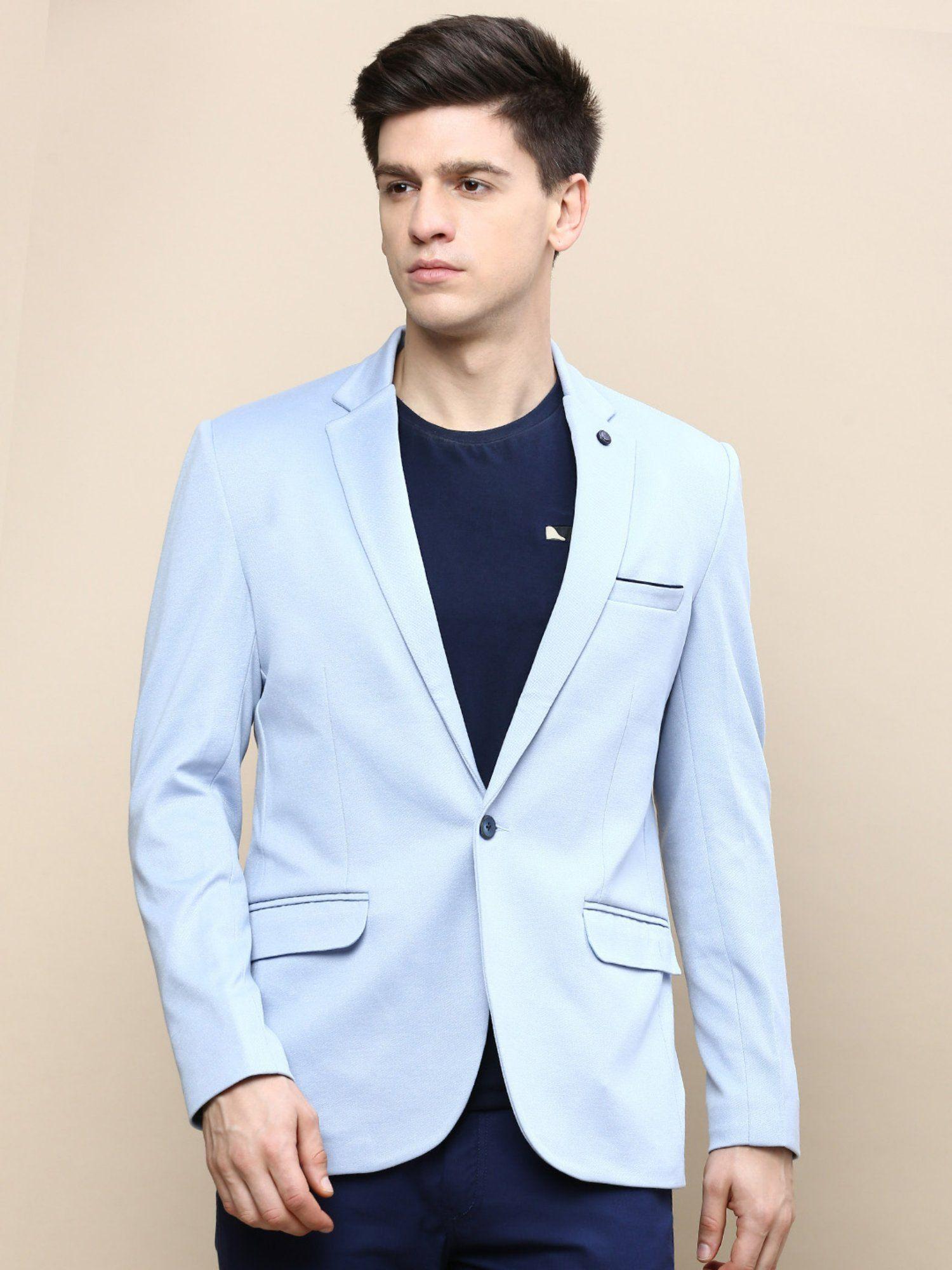 men notched lapel solid blue single breasted blazer