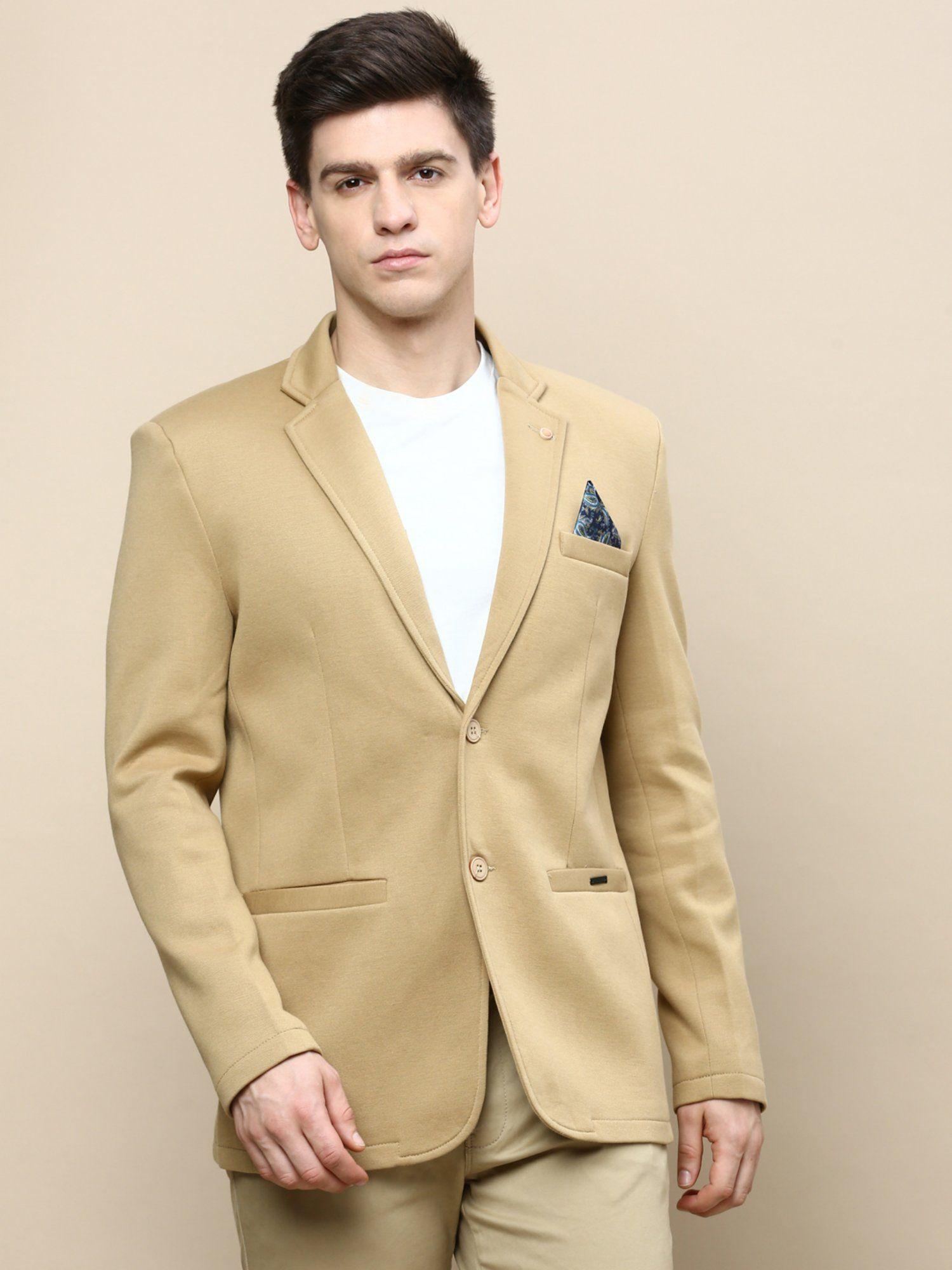 men notched lapel solid khaki single breasted blazer