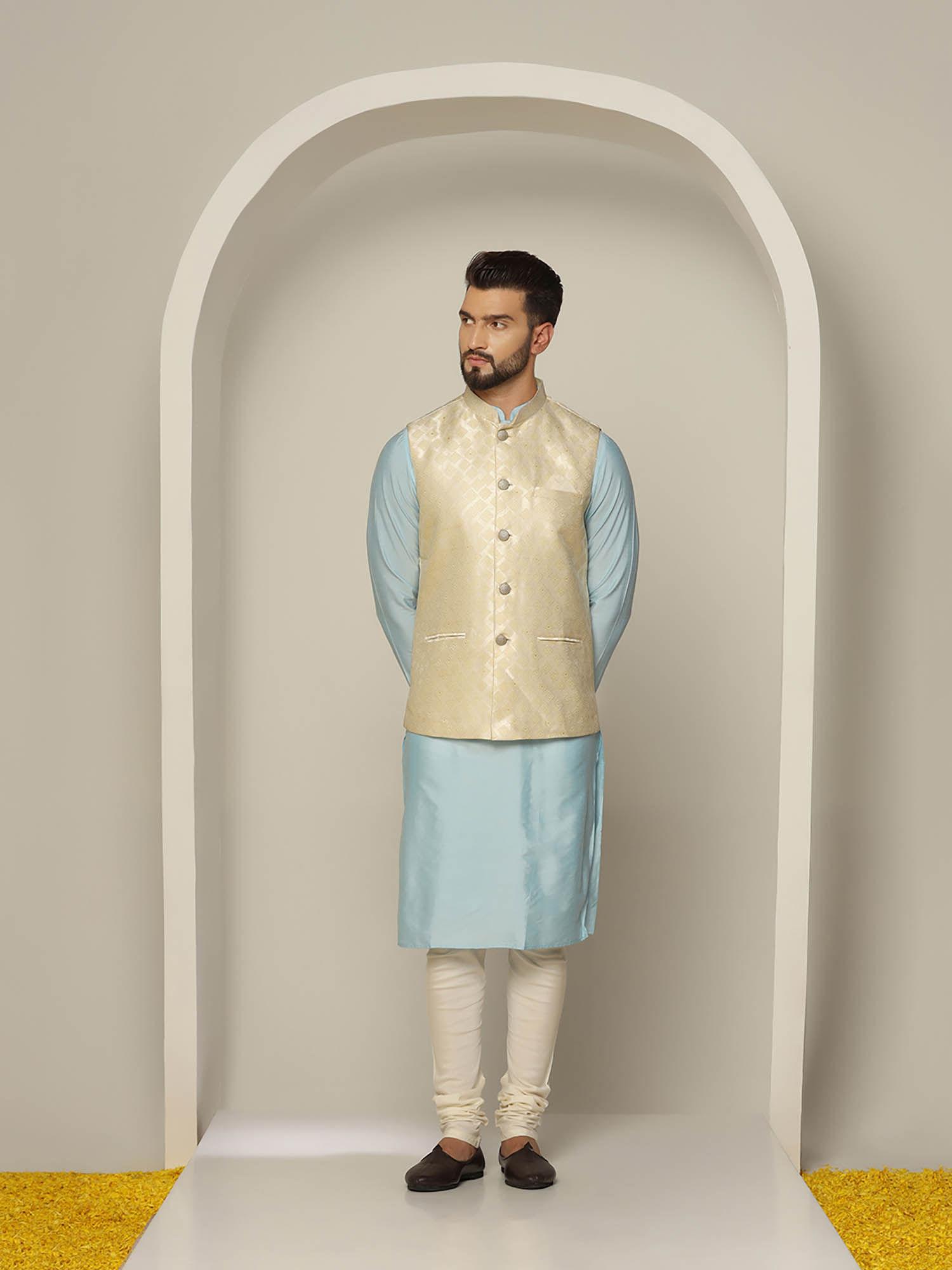 men off white kurta jacket churidar set (set of 3)