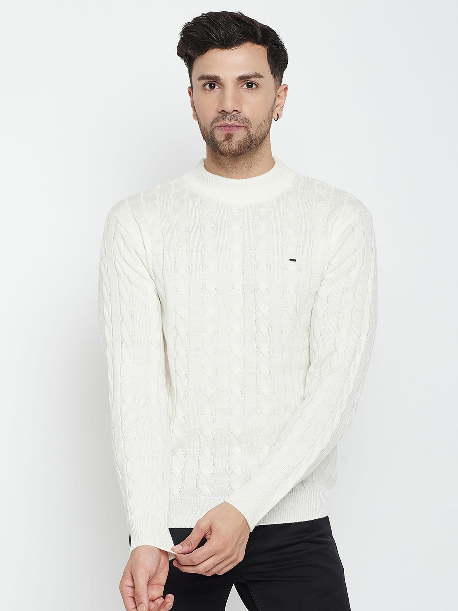 men off white self design full sleeves round neck sweater
