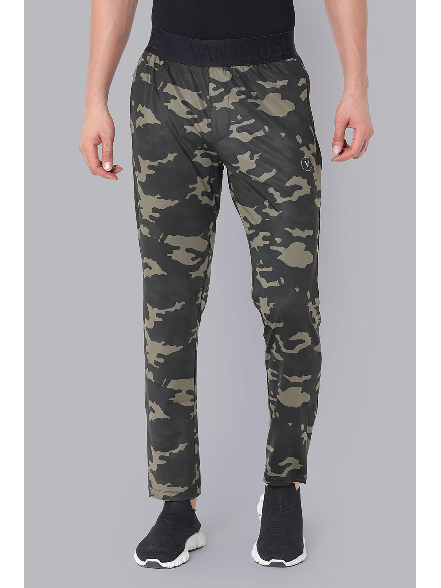men olive camouflage slim fit casual track pants