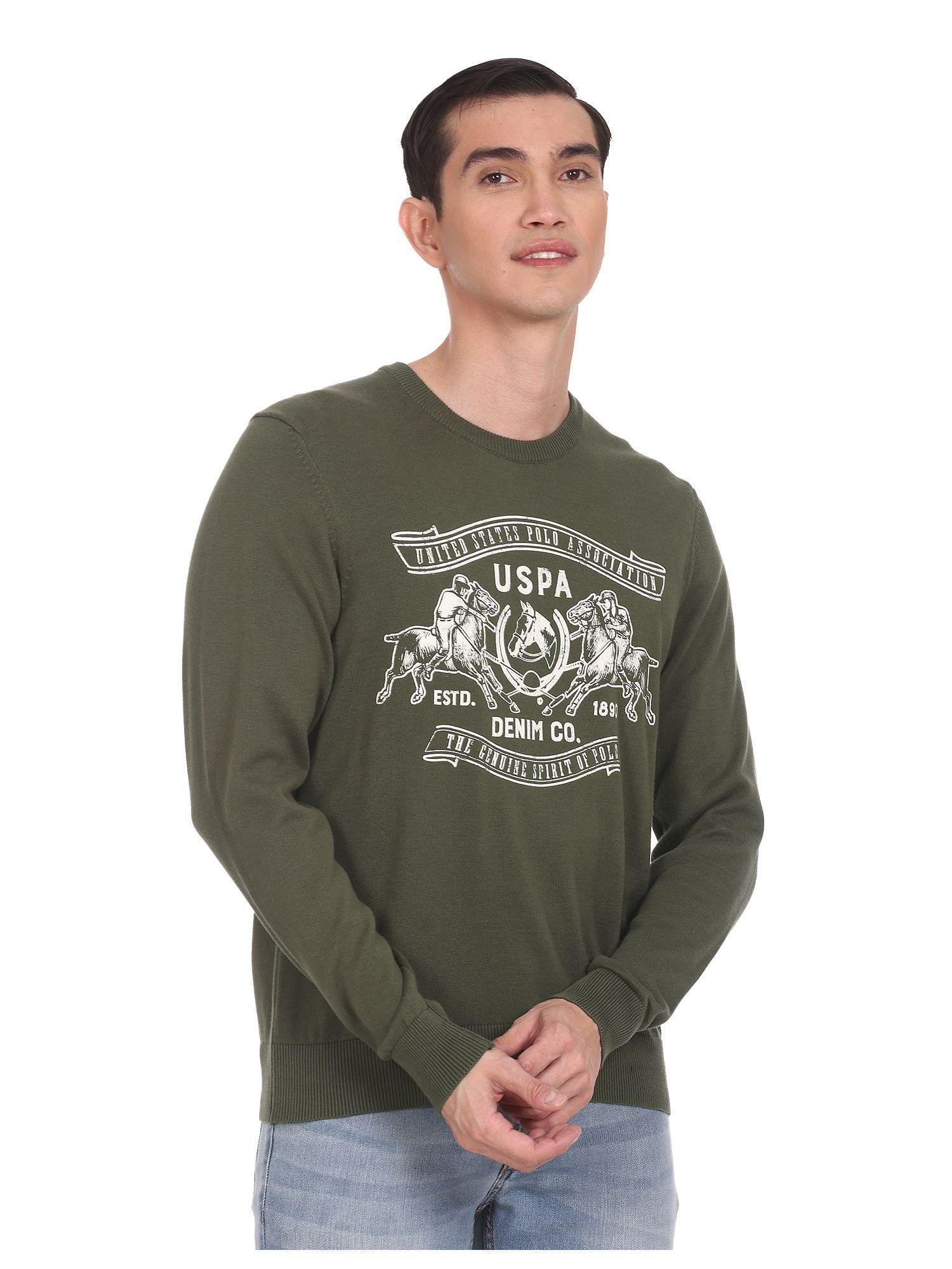 men olive crew neck graphic print cotton sweater