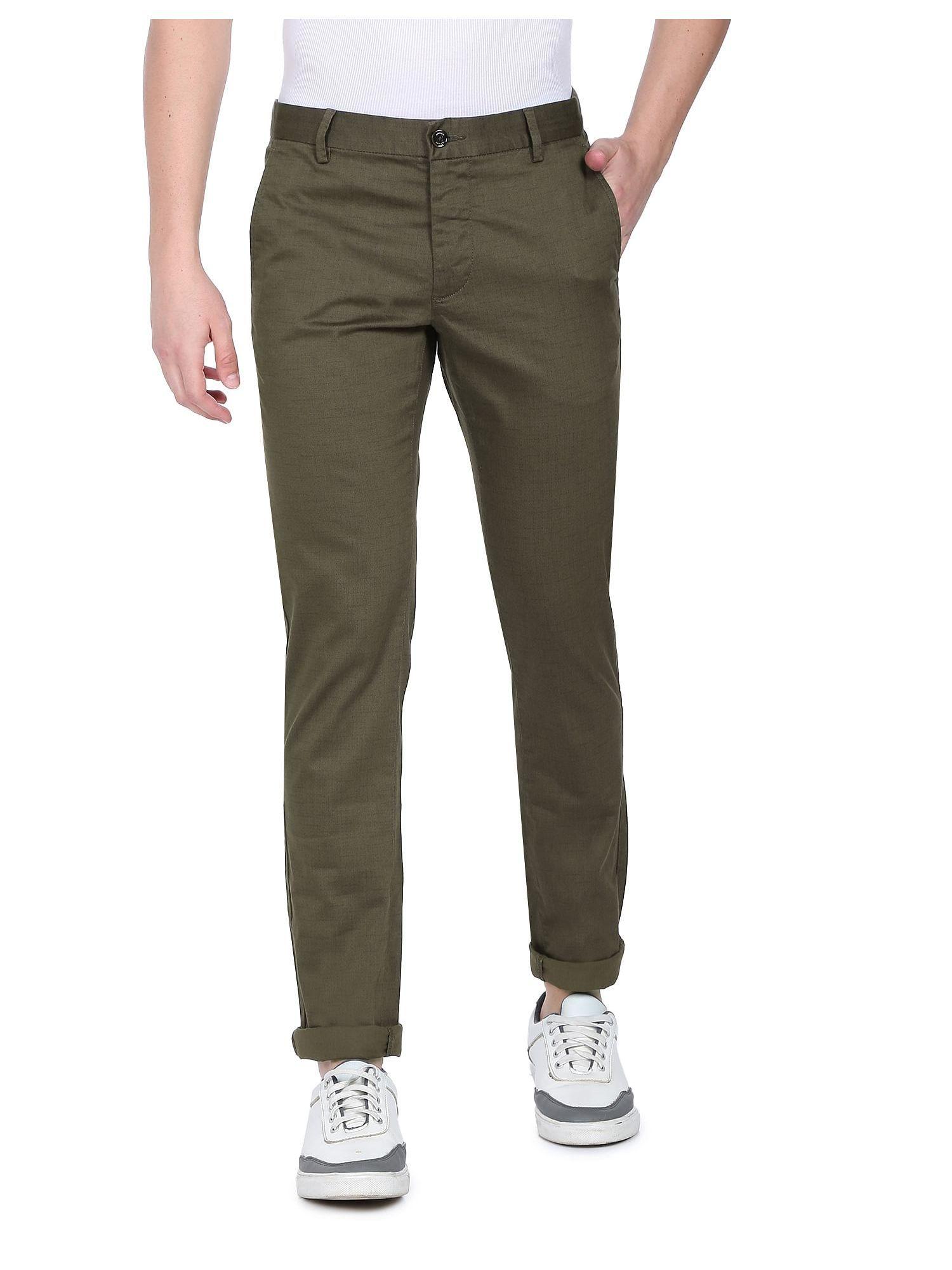 men olive flat front twill casual trousers