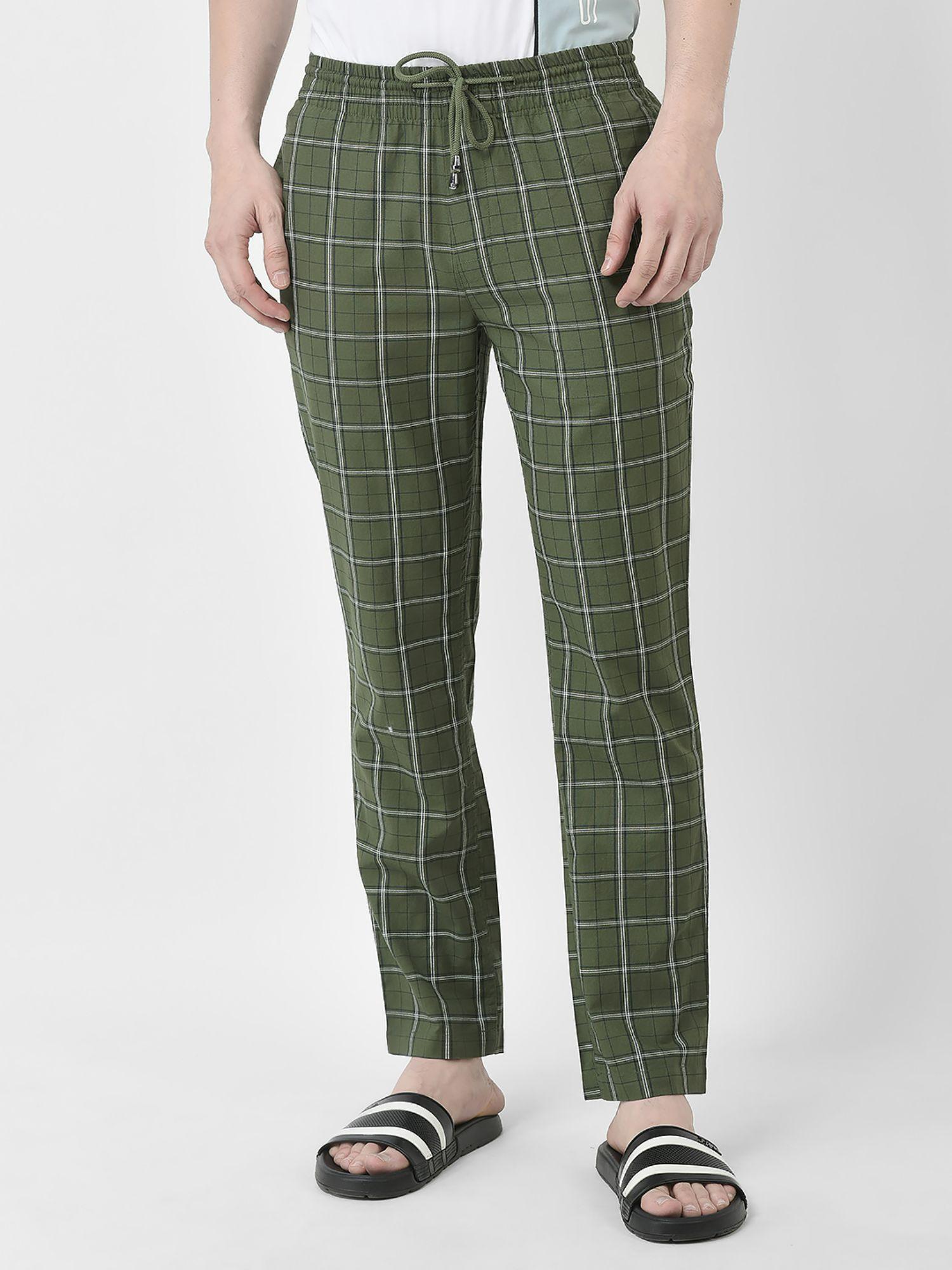 men olive green checked lounge pants
