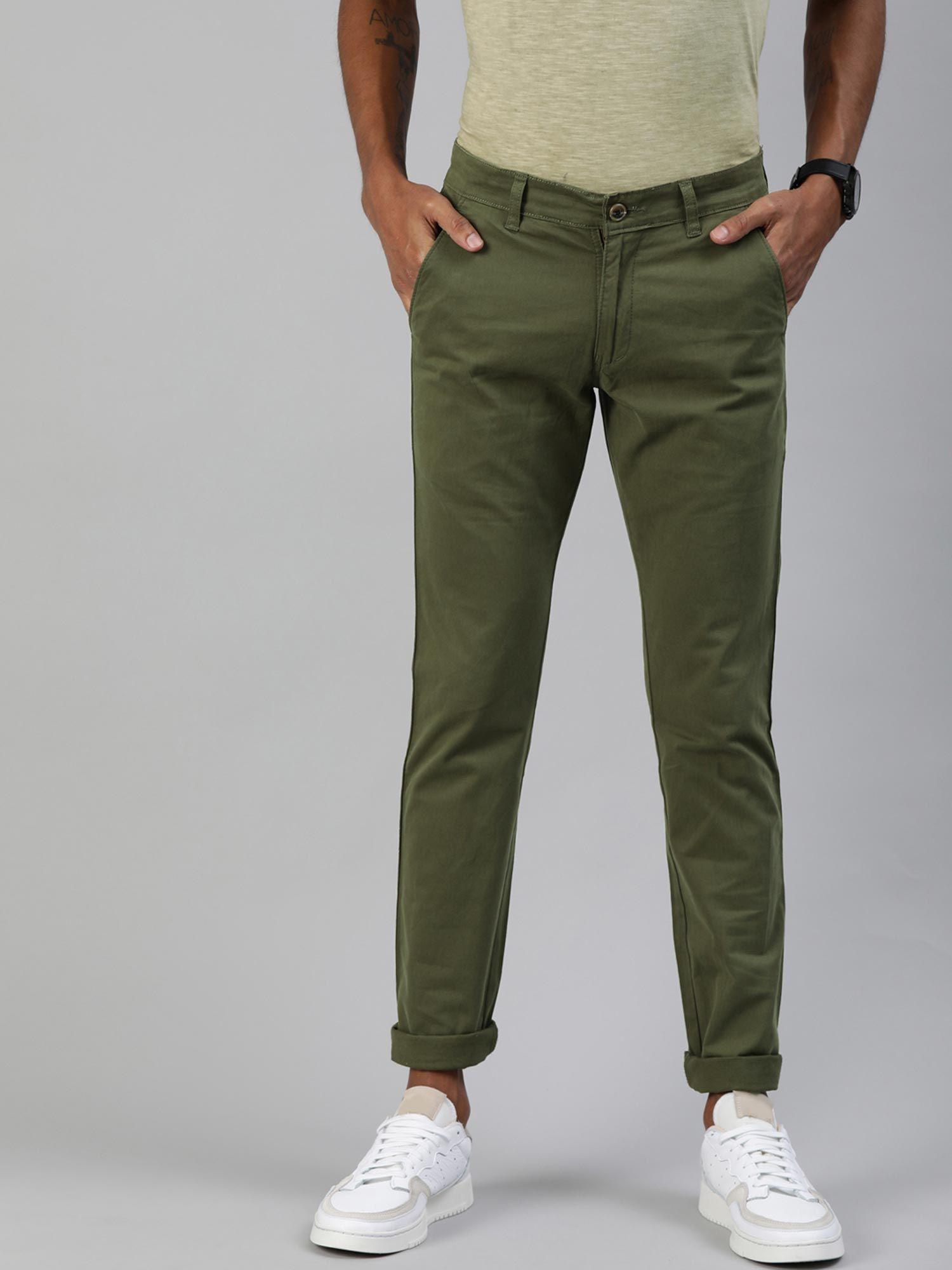 men olive green cotton slim fit casual chinos trousers stretch