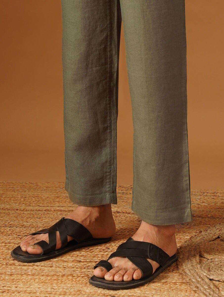 men olive green linen solid ankle length straight fit pants