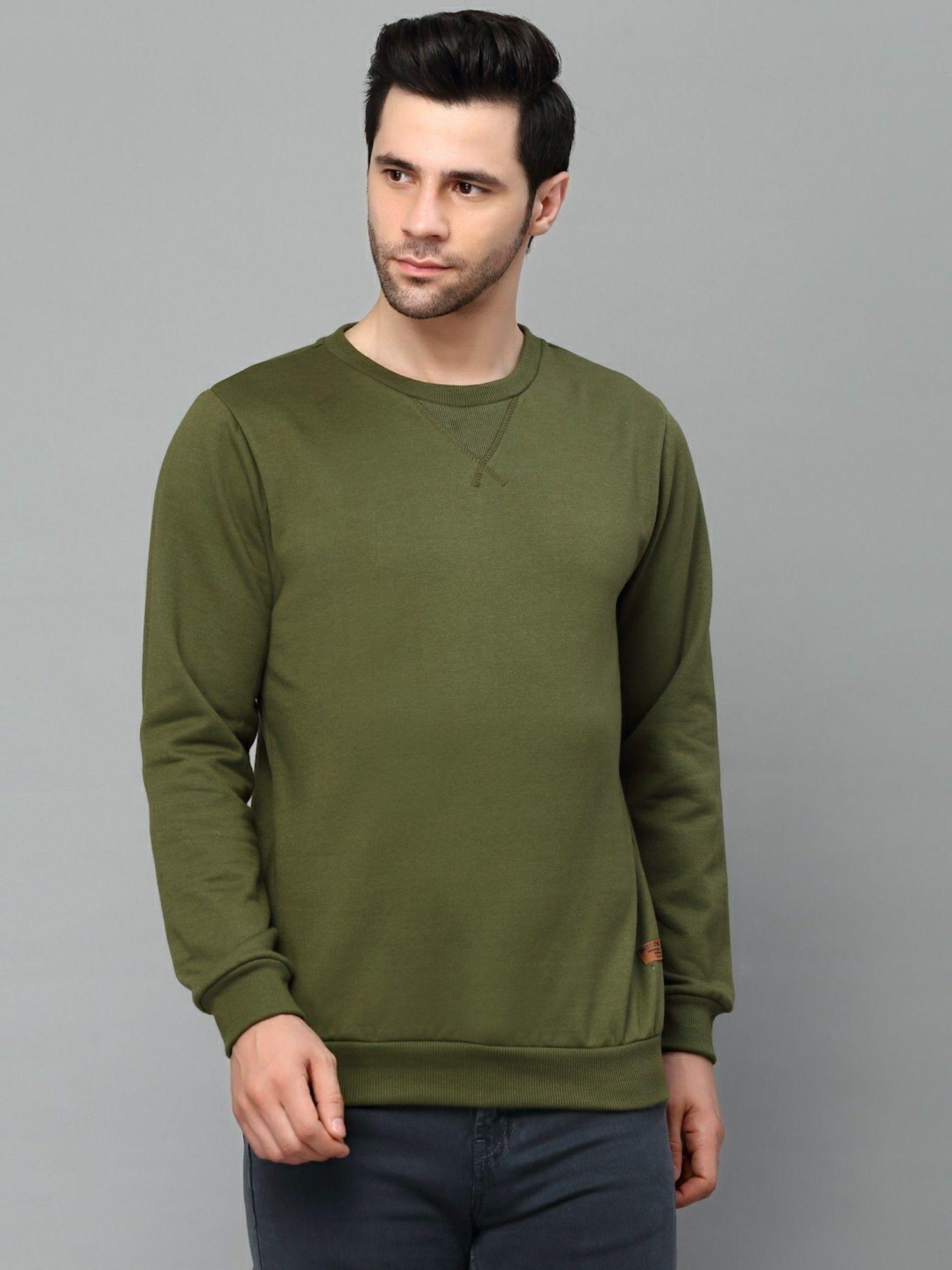 men olive green neck stitch detail basic fleece sweatshirt