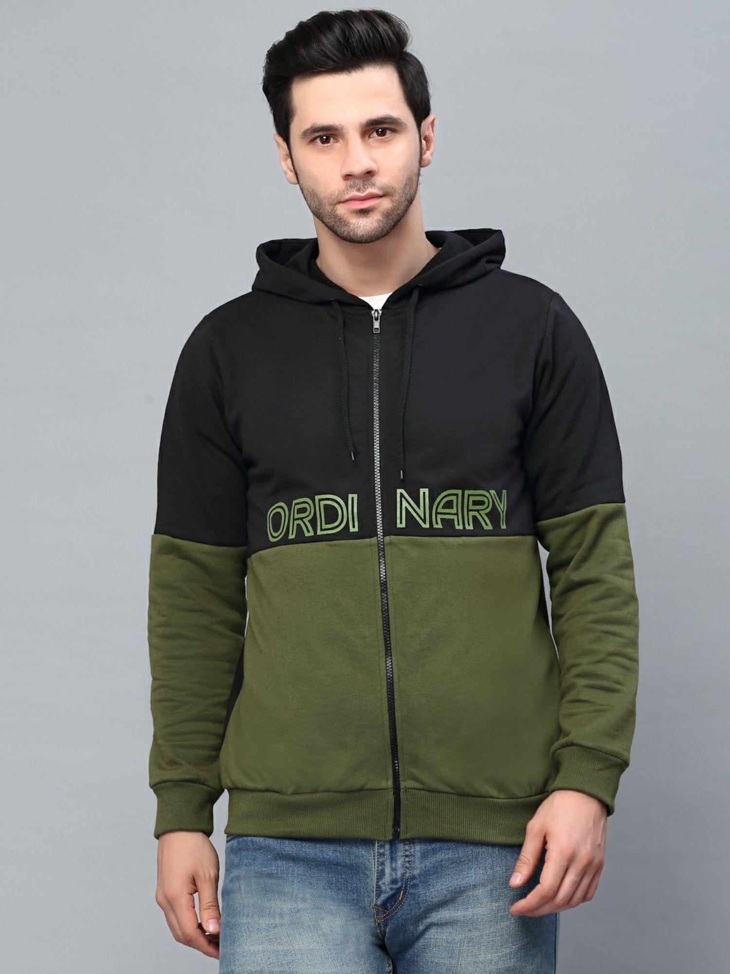 men olive green printed hooded fleece jacket