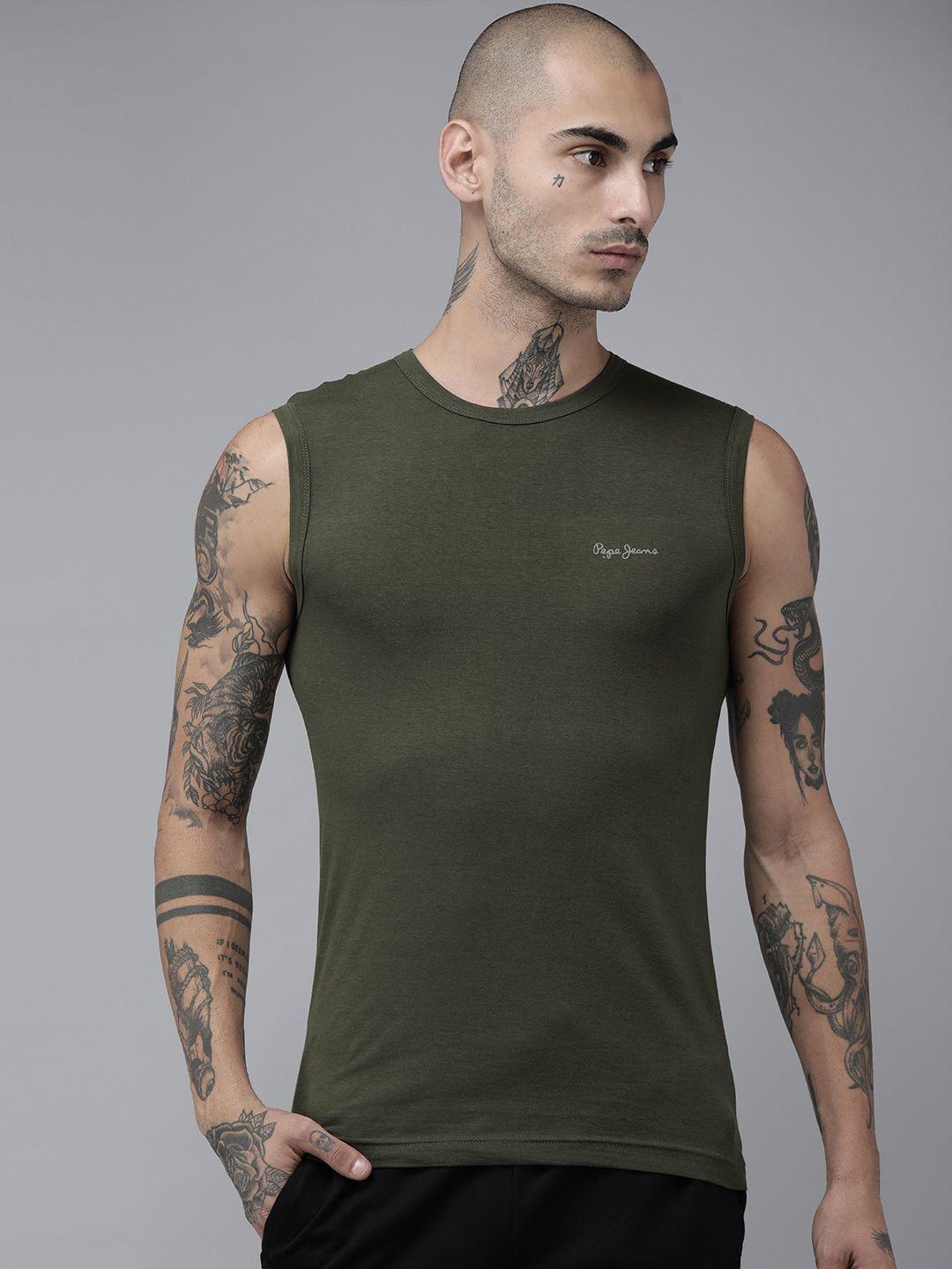 men olive green solid innerwear vest