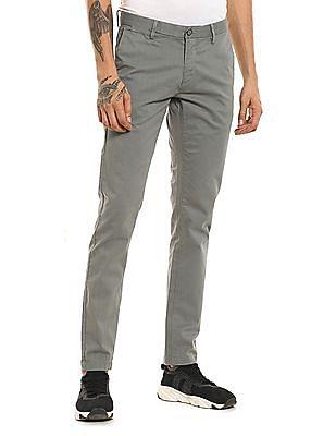 men olive grey mid rise patterned casual trousers