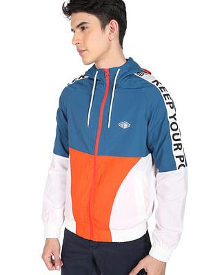 men orange and blue brand tape colour blocked casual jacket