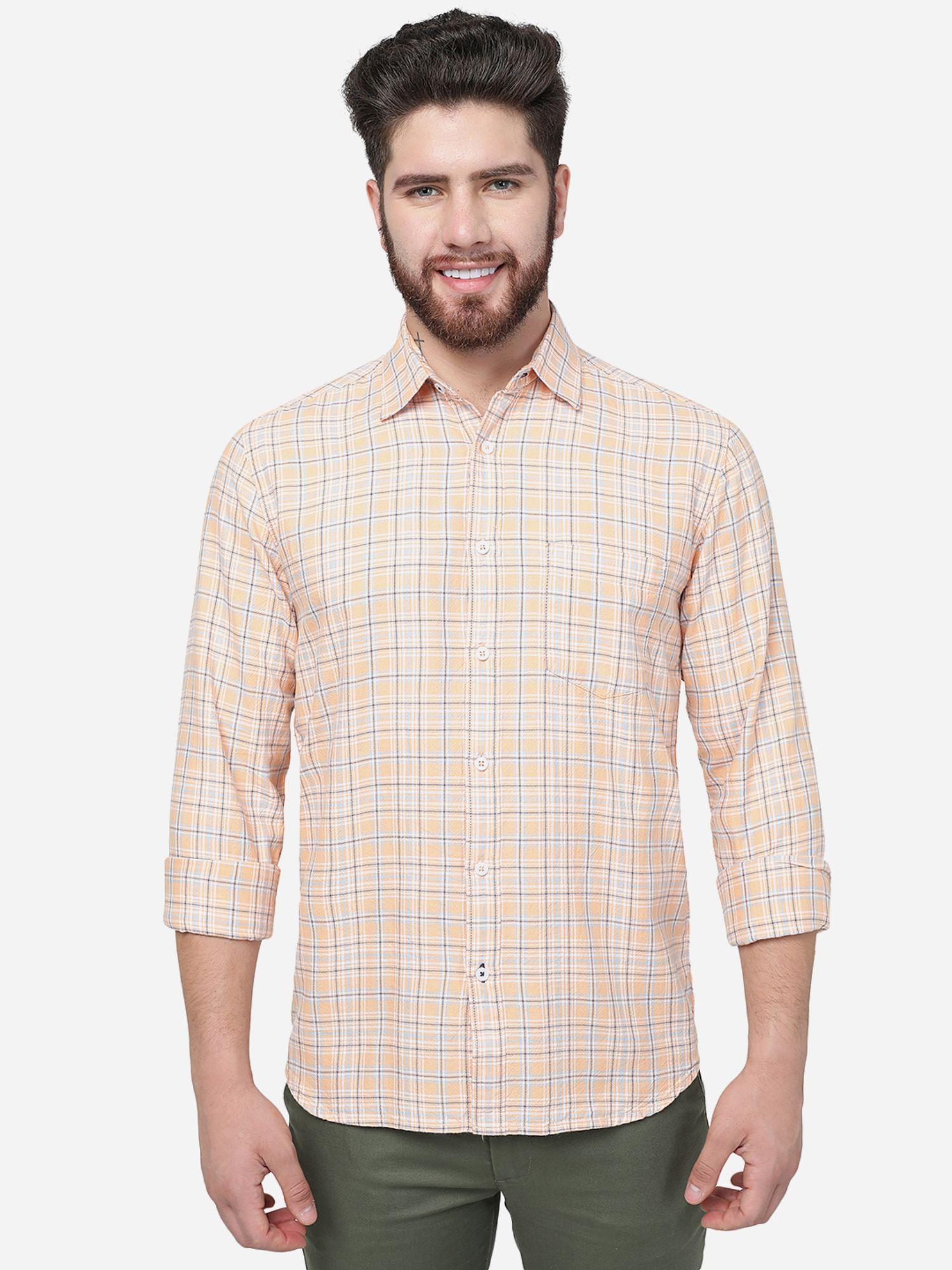 men orange checks slim fit casual shirt