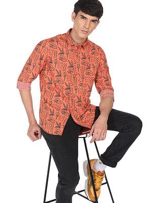 men orange print cotton casual shirt