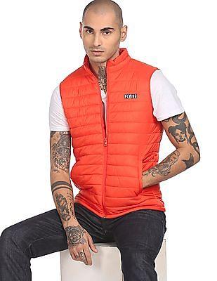 men orange sleeveless high neck puffer casual jacket
